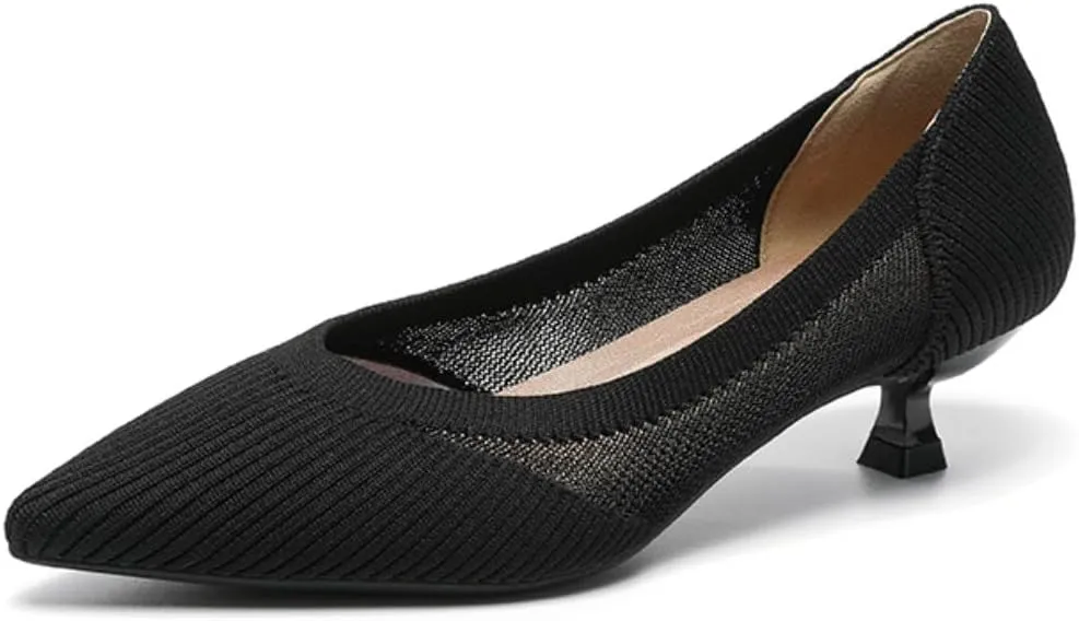 HROYL Women's Knit Pumps Kitten Heels Pointed Toe Slip On Comfortable Casual Formal Dress Shoes