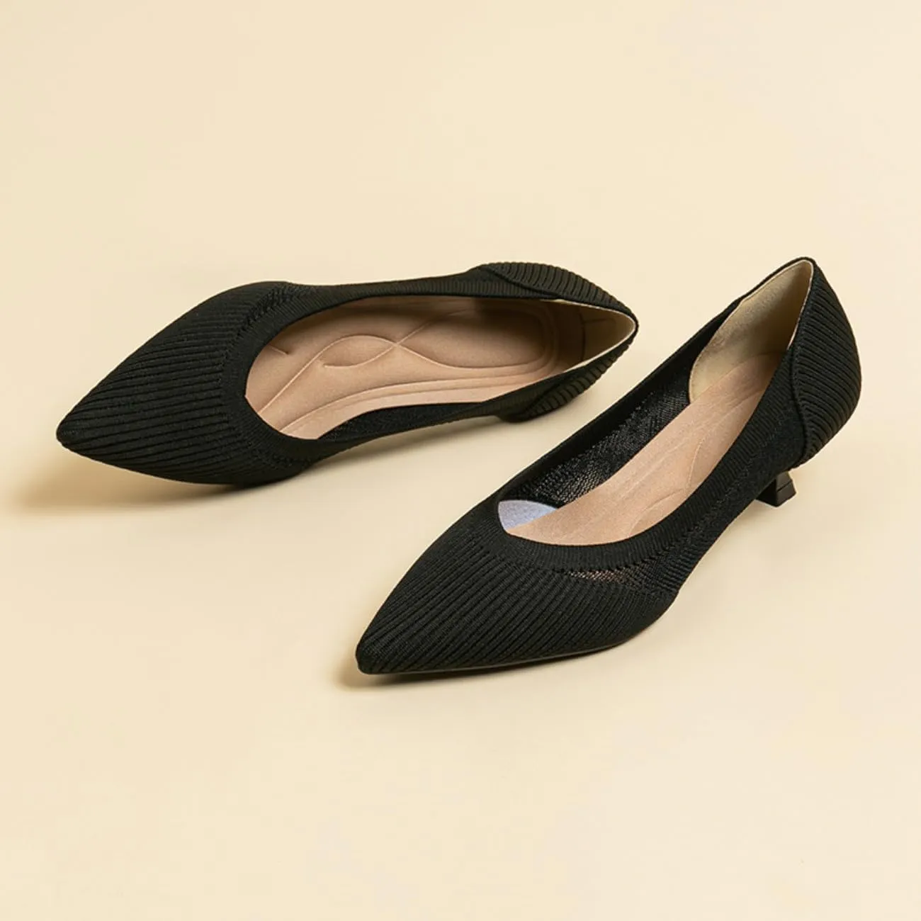 HROYL Women's Knit Pumps Kitten Heels Pointed Toe Slip On Comfortable Casual Formal Dress Shoes