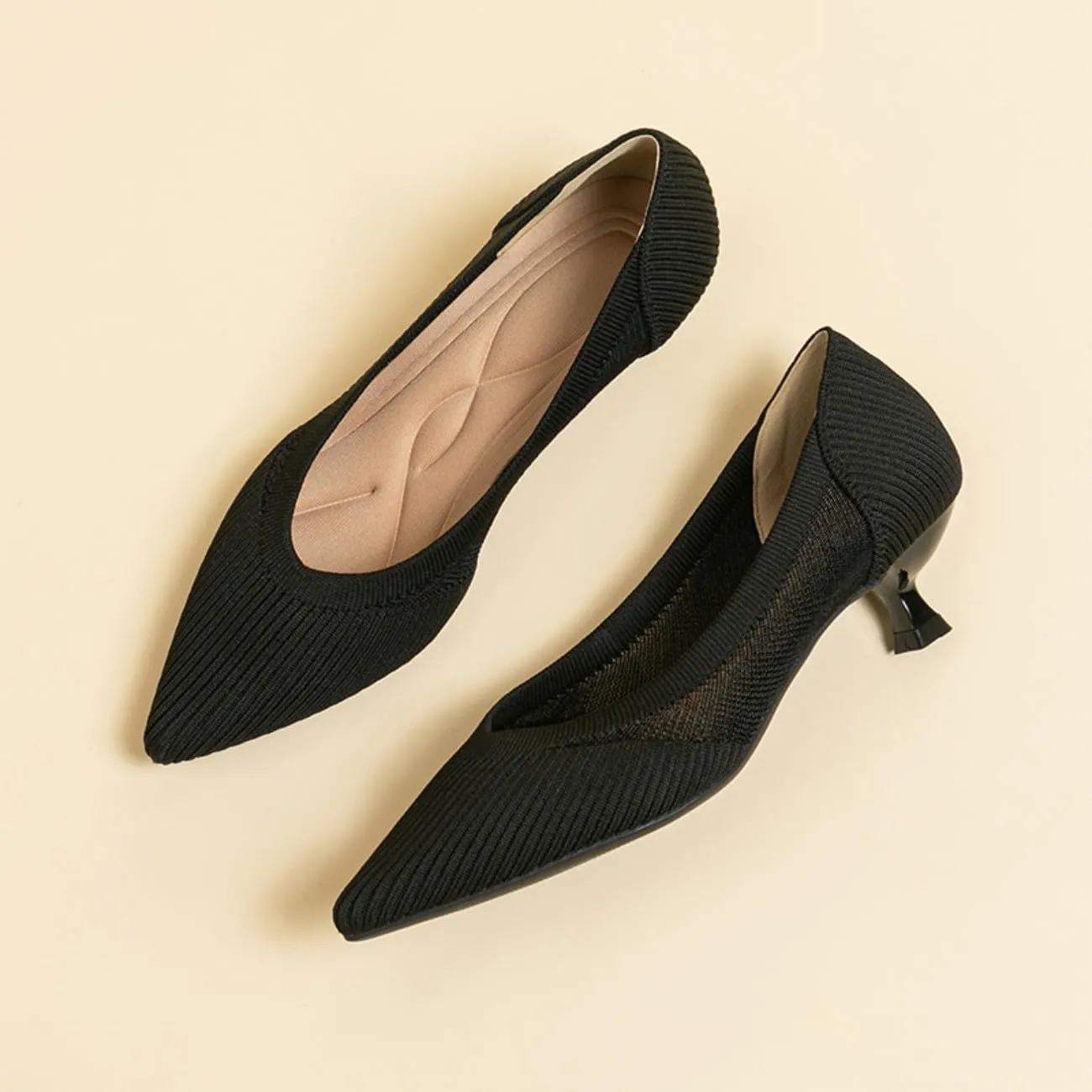 HROYL Women's Knit Pumps Kitten Heels Pointed Toe Slip On Comfortable Casual Formal Dress Shoes