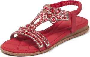 iCKER Women Rhinestone Sandals T-Strap Buckle Bohemian Pearl Crystal Flat Sandals