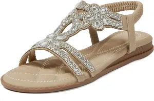 iCKER Women Rhinestone Sandals T-Strap Buckle Bohemian Pearl Crystal Flat Sandals