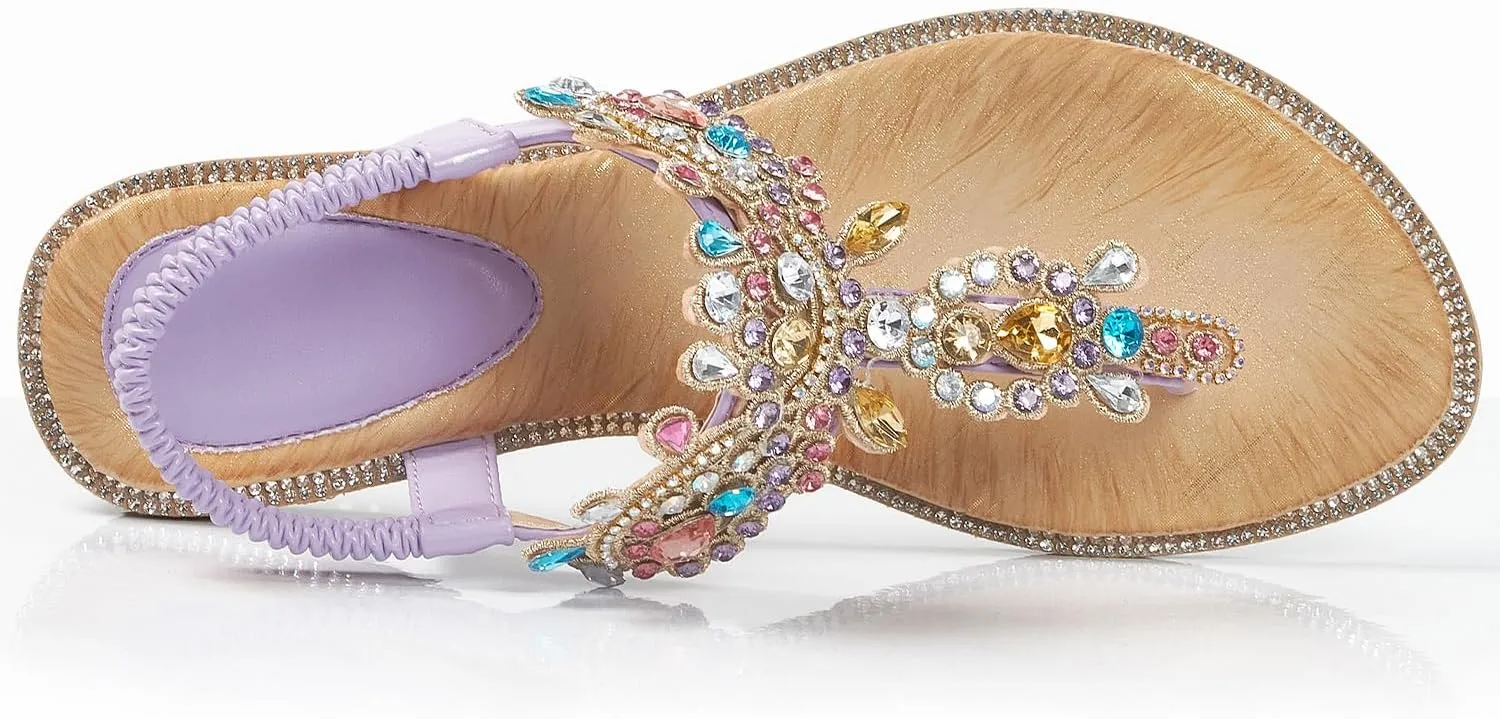 iCKER Women Rhinestone Sandals T-Strap Buckle Bohemian Pearl Crystal Flat Sandals