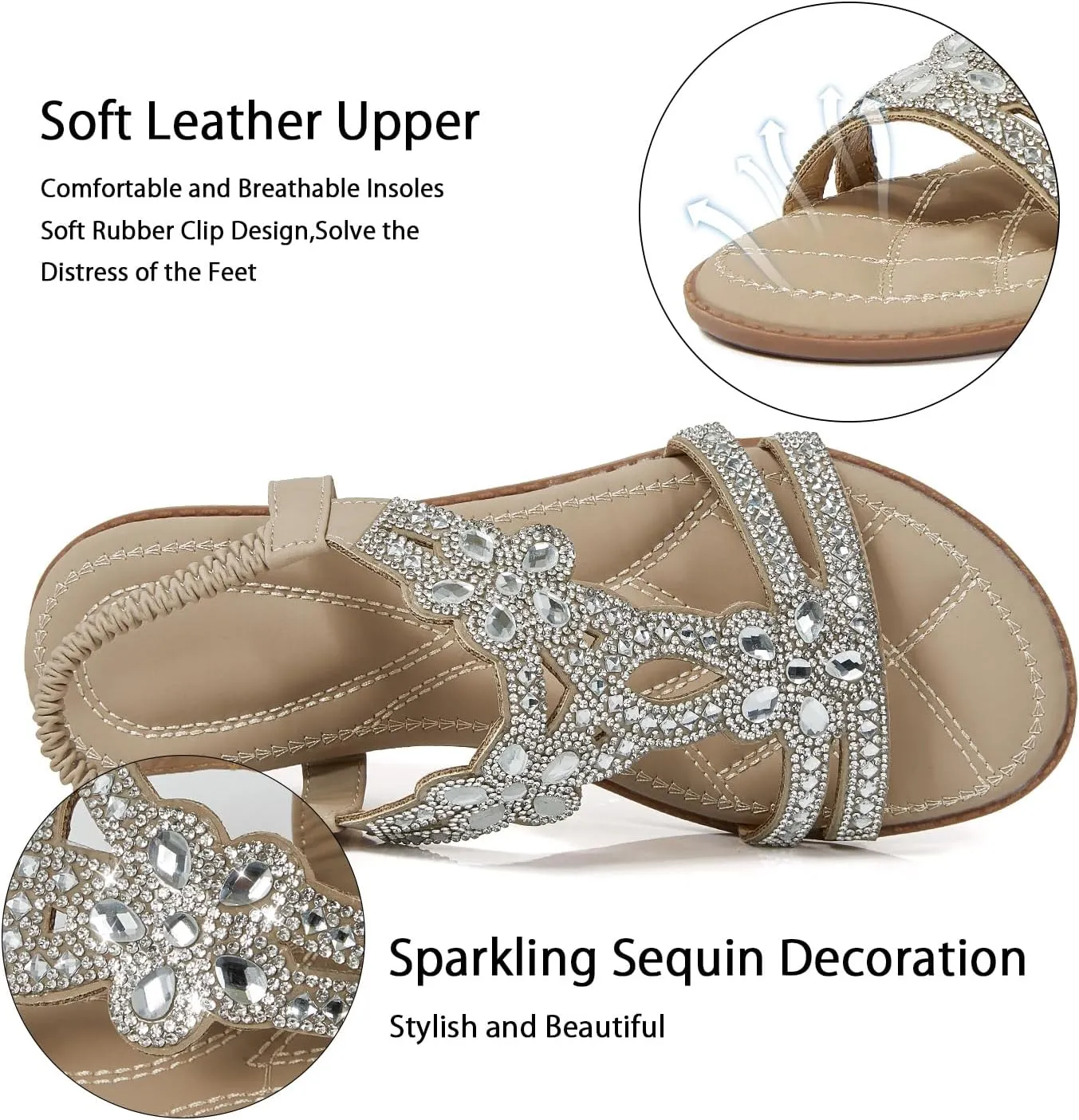 iCKER Women Rhinestone Sandals T-Strap Buckle Bohemian Pearl Crystal Flat Sandals
