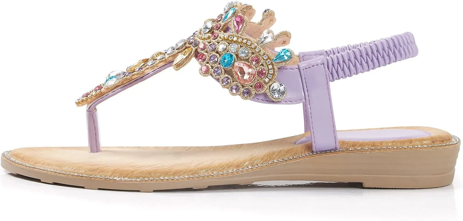 iCKER Women Rhinestone Sandals T-Strap Buckle Bohemian Pearl Crystal Flat Sandals