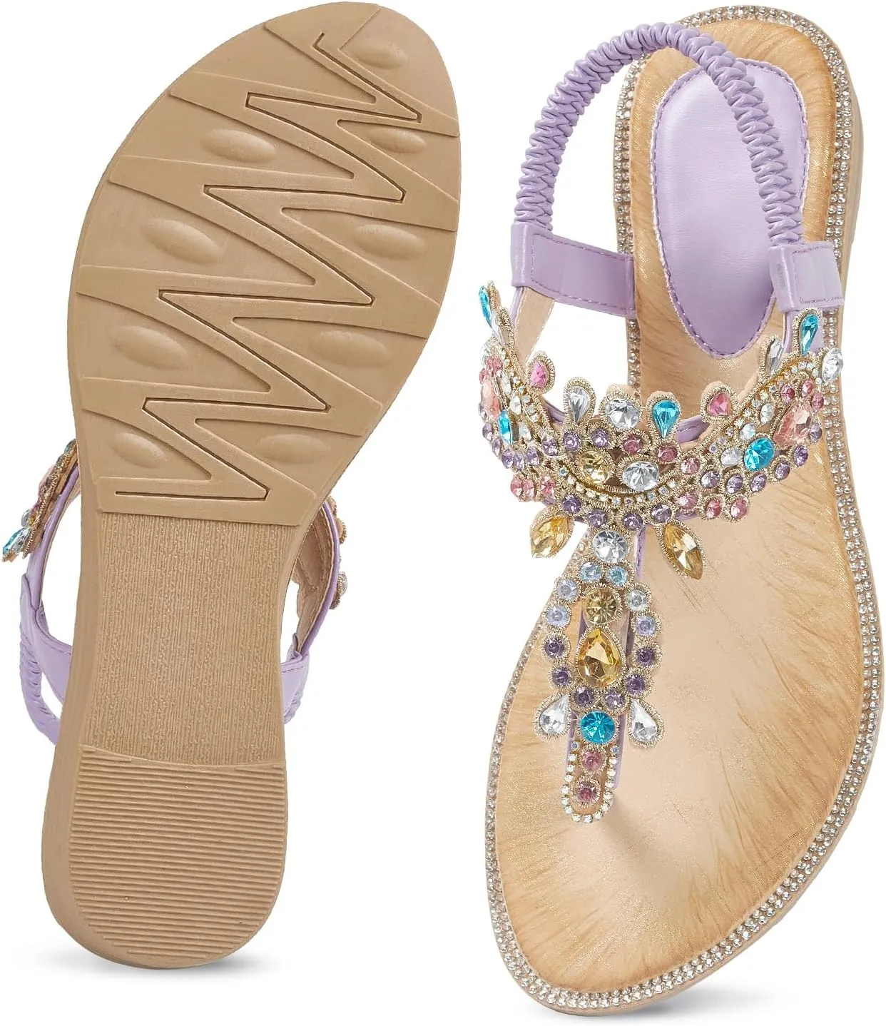 iCKER Women Rhinestone Sandals T-Strap Buckle Bohemian Pearl Crystal Flat Sandals
