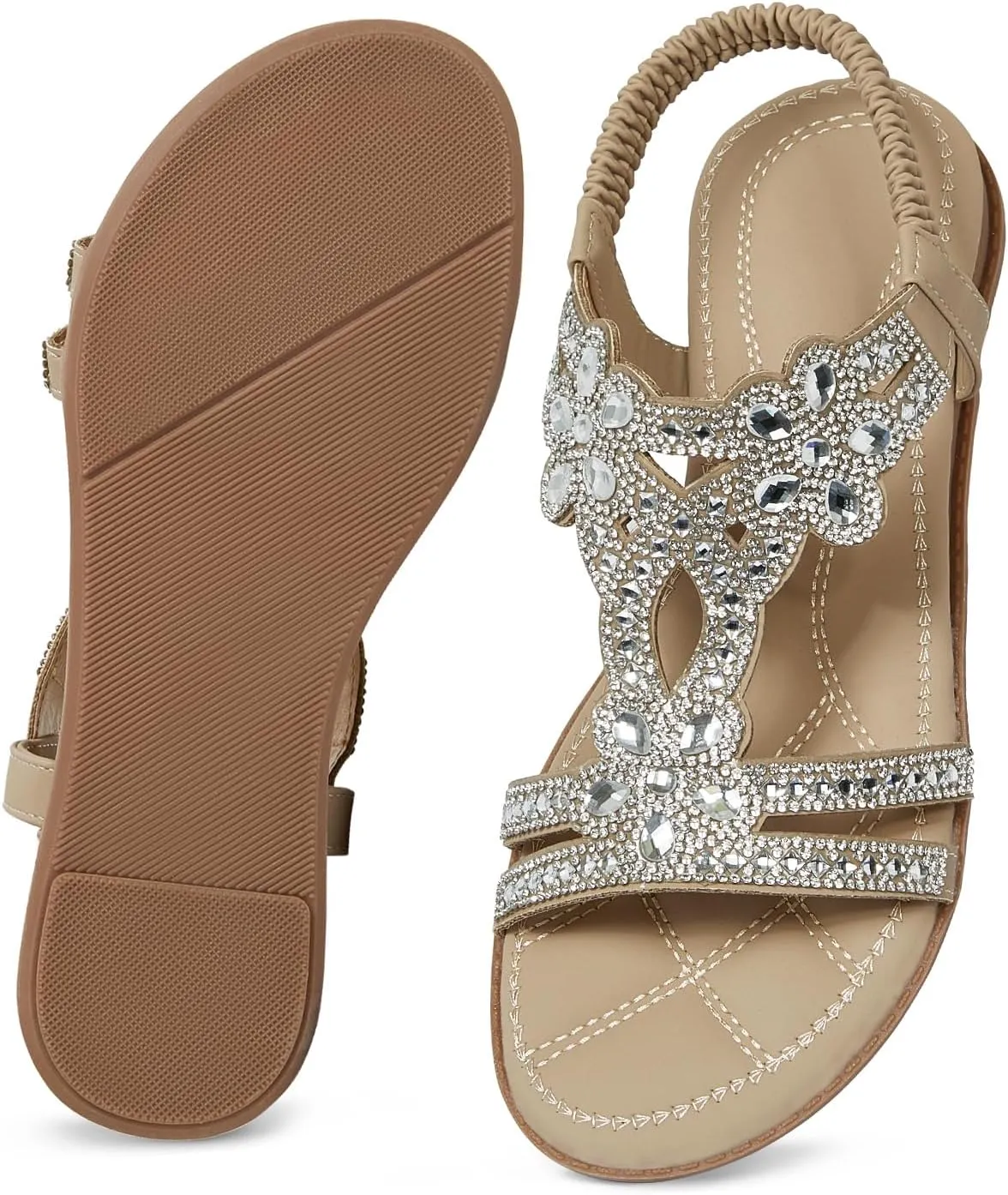 iCKER Women Rhinestone Sandals T-Strap Buckle Bohemian Pearl Crystal Flat Sandals