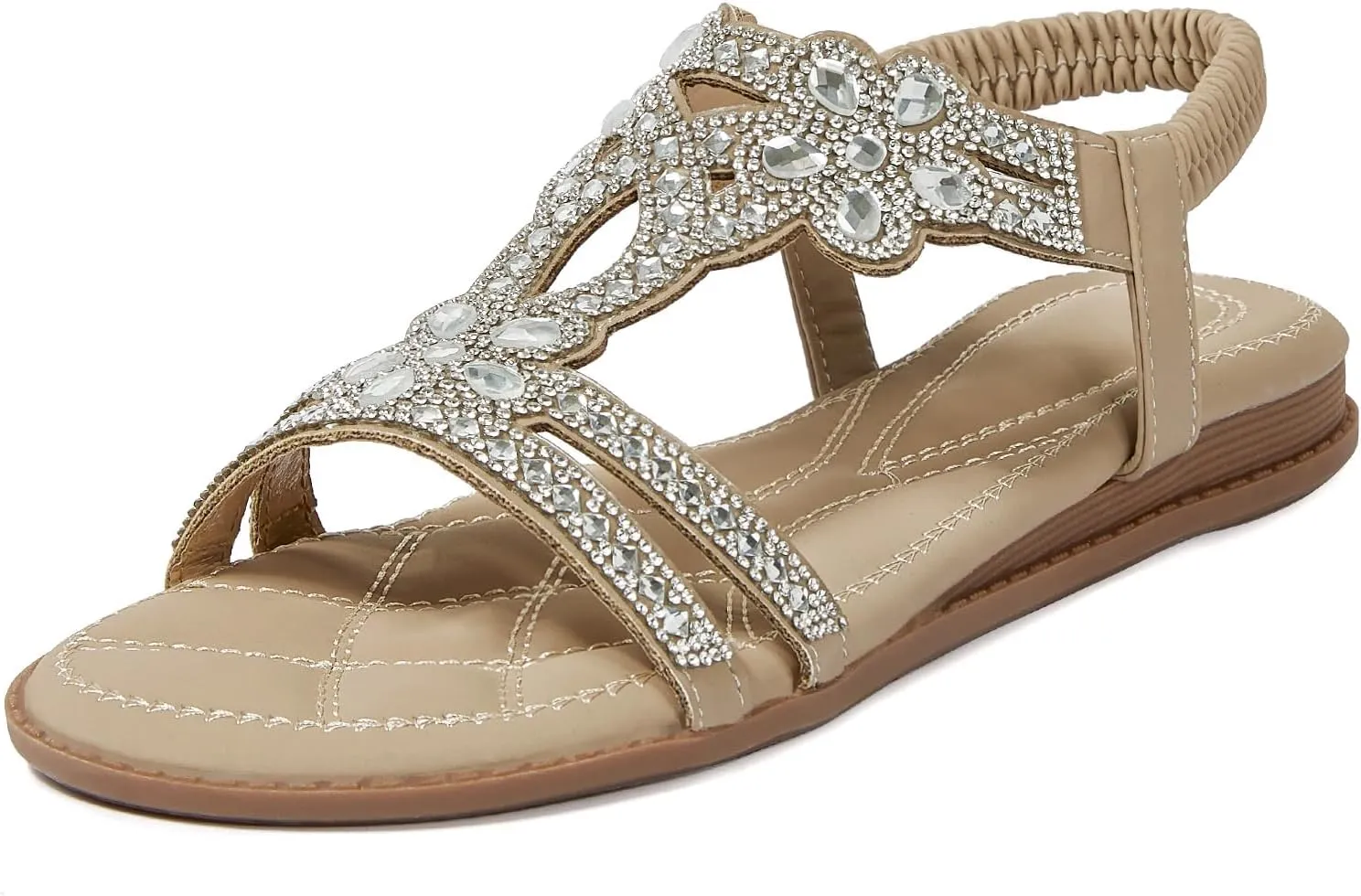 iCKER Women Rhinestone Sandals T-Strap Buckle Bohemian Pearl Crystal Flat Sandals