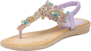 iCKER Women Rhinestone Sandals T-Strap Buckle Bohemian Pearl Crystal Flat Sandals