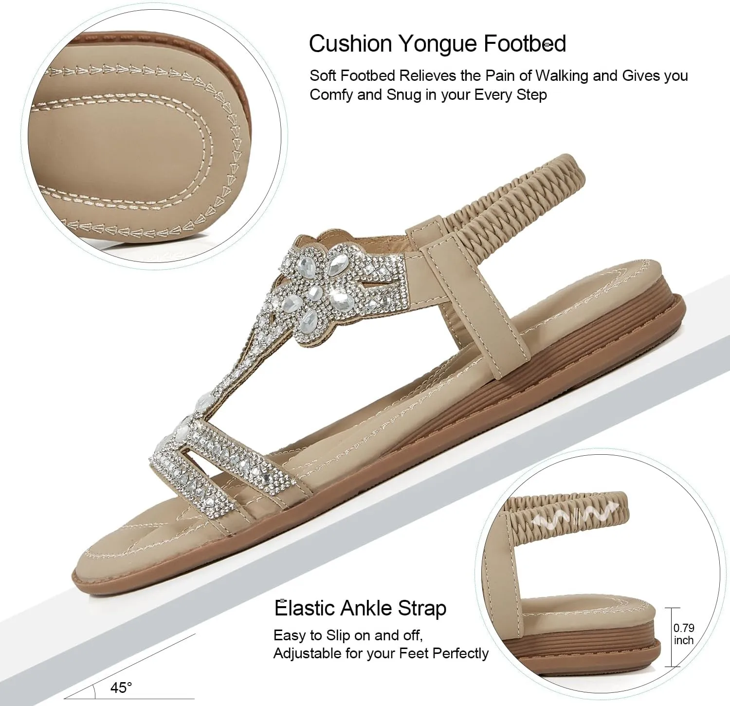 iCKER Women Rhinestone Sandals T-Strap Buckle Bohemian Pearl Crystal Flat Sandals