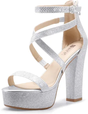 IDIFU Women's Platform Chunky High Heels Dress Sandals Open Toe Ankle Strap Strappy Wedding Bridal Party Dance Shoes For Women Bride