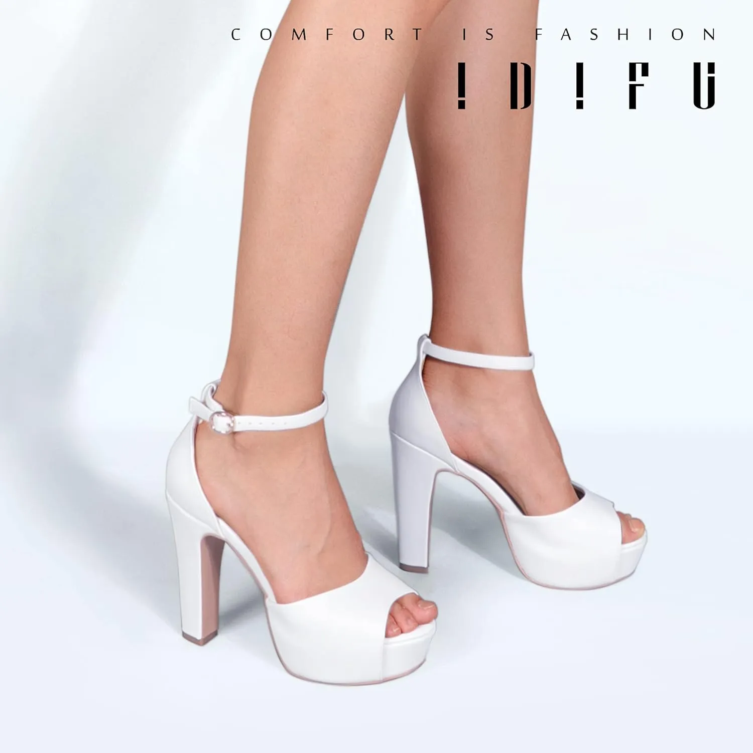 IDIFU Women's Platform Chunky High Heels Dress Sandals Peep Toe Ankle Strap Wedding Party Evening Shoes for Women Bride