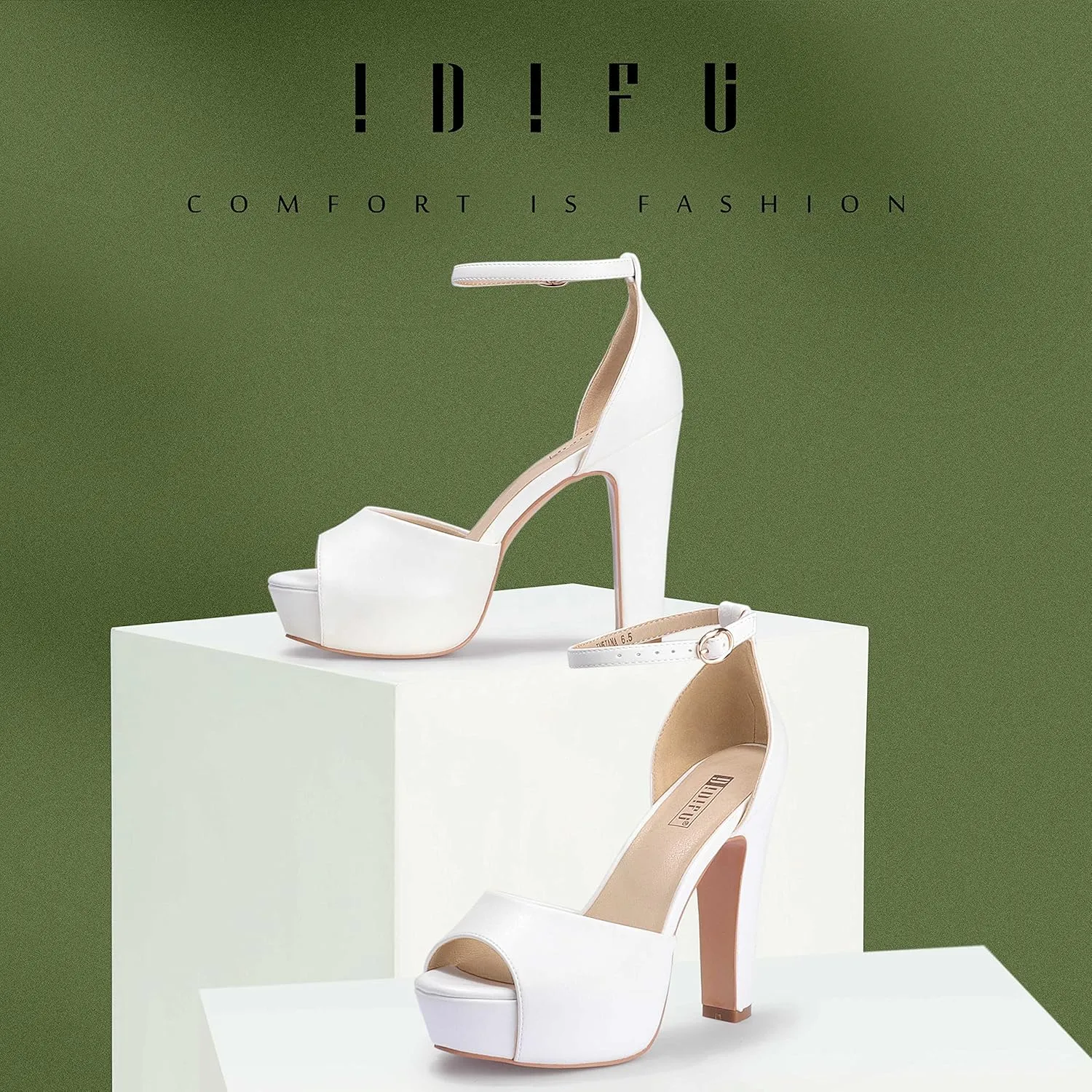 IDIFU Women's Platform Chunky High Heels Dress Sandals Peep Toe Ankle Strap Wedding Party Evening Shoes for Women Bride