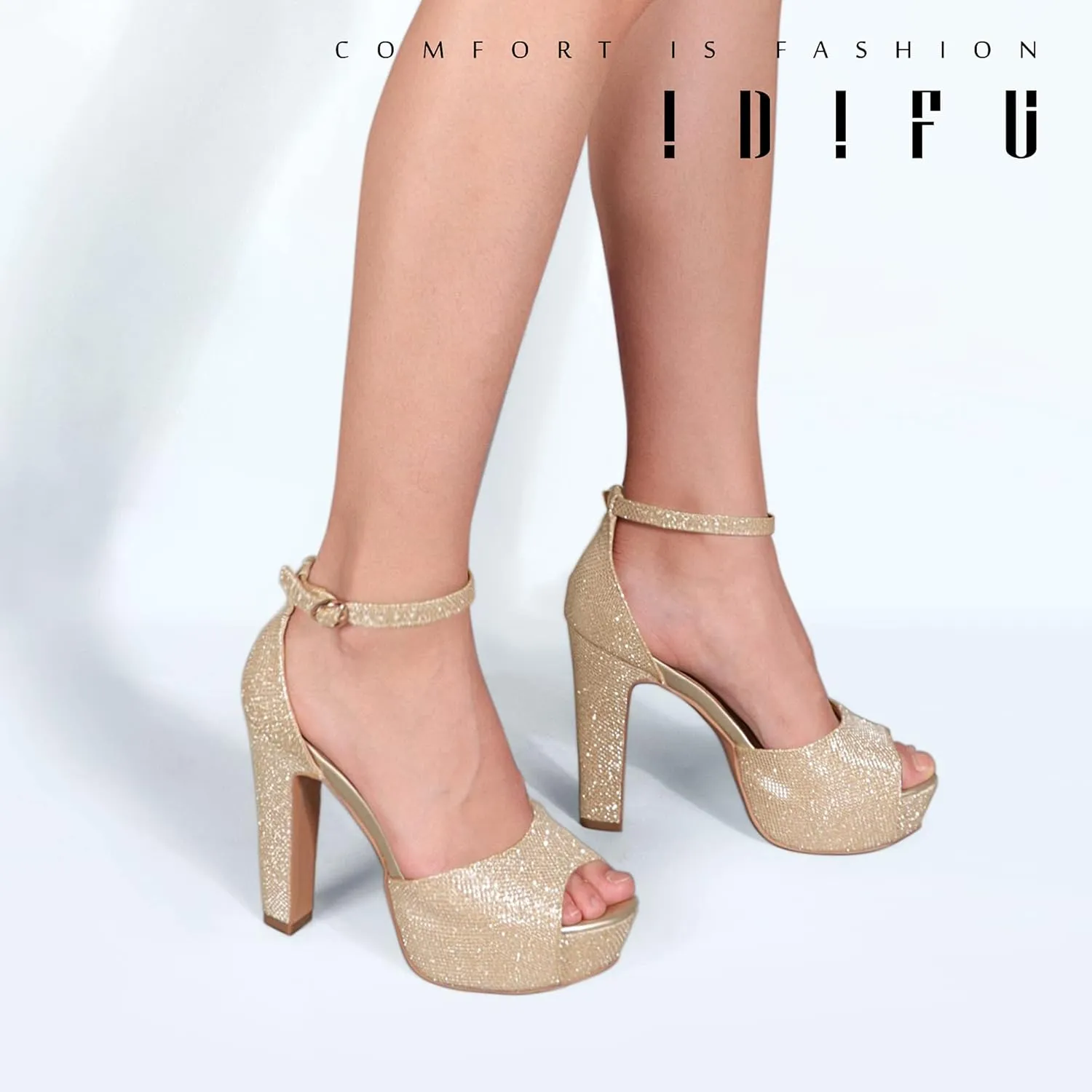 IDIFU Women's Platform Chunky High Heels Dress Sandals Peep Toe Ankle Strap Wedding Party Evening Shoes for Women Bride