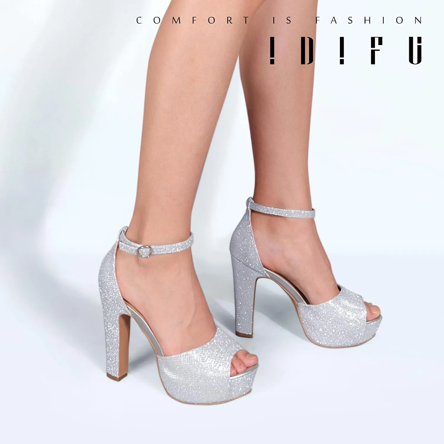 IDIFU Women's Platform Chunky High Heels Dress Sandals Peep Toe Ankle Strap Wedding Party Evening Shoes for Women Bride