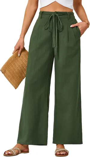 JASAMBAC Women's Linen Palazzo Lounge Pants High Waist Straight Wide Leg Summer Beach Causal Trousers with Double Belts