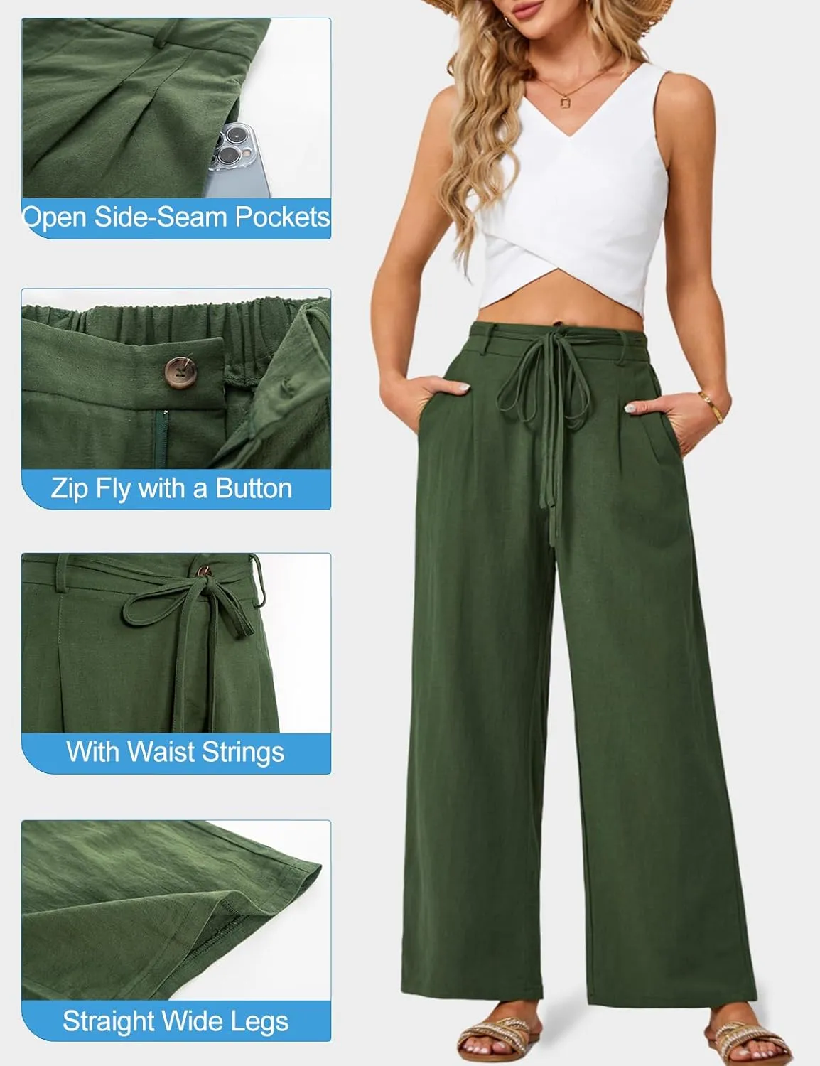 JASAMBAC Women's Linen Palazzo Lounge Pants High Waist Straight Wide Leg Summer Beach Causal Trousers with Double Belts