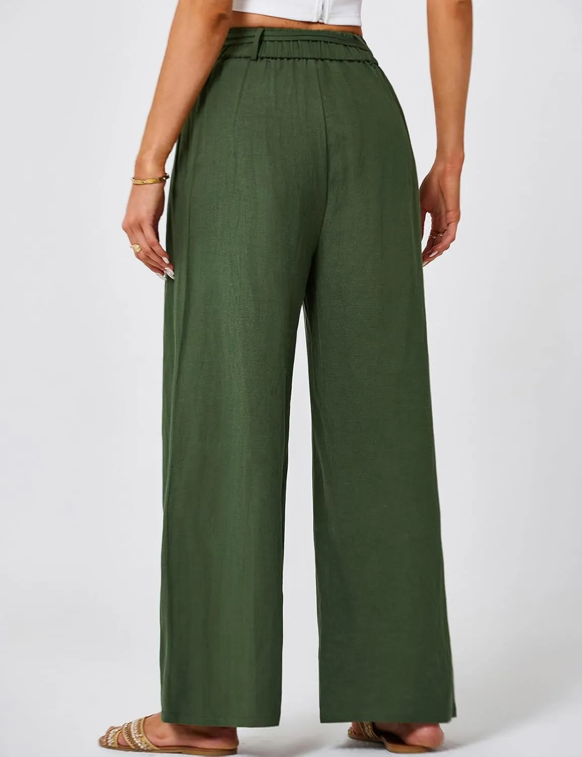 JASAMBAC Women's Linen Palazzo Lounge Pants High Waist Straight Wide Leg Summer Beach Causal Trousers with Double Belts