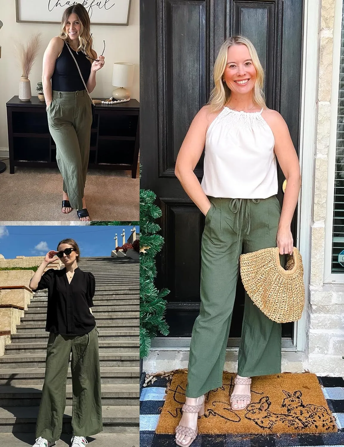 JASAMBAC Women's Linen Palazzo Lounge Pants High Waist Straight Wide Leg Summer Beach Causal Trousers with Double Belts