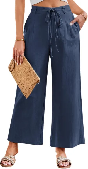 JASAMBAC Women's Linen Palazzo Lounge Pants High Waist Straight Wide Leg Summer Beach Causal Trousers with Double Belts
