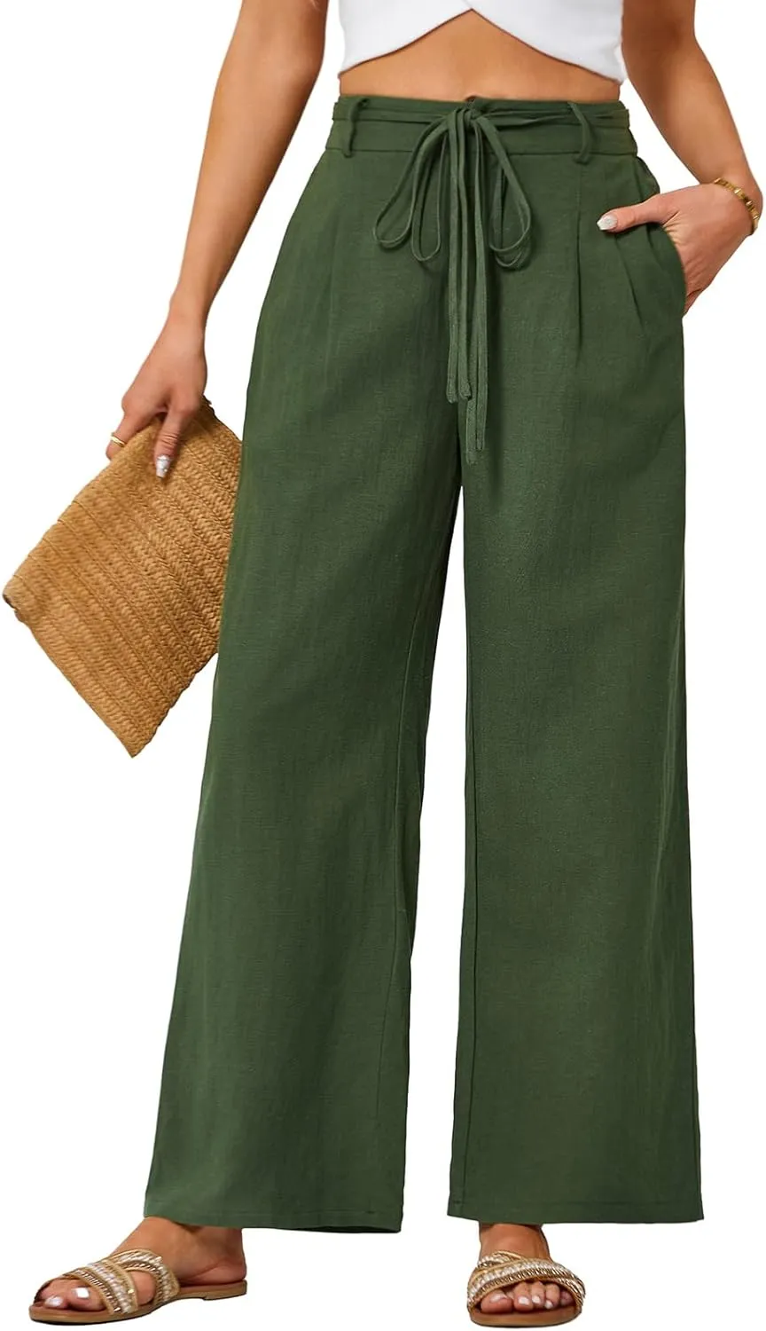 JASAMBAC Women's Linen Palazzo Lounge Pants High Waist Straight Wide Leg Summer Beach Causal Trousers with Double Belts