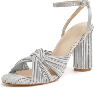 Jauoop Women's Pleated Bow Knot Heeled Sandals Open Toe Ankle Strap Block Chunky Heel Slides Bridal Wedding Dress Shoes