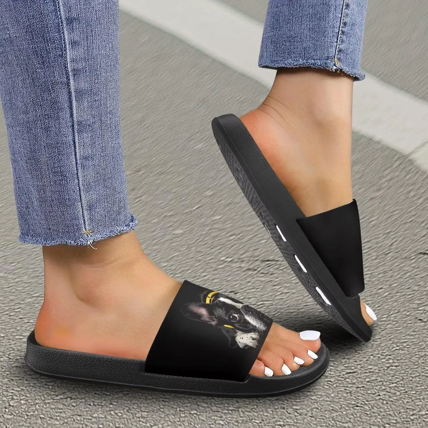 Jeiento Open Toe Slide Sandals for Women Men Non Slip Flat Bathroom Shower Shoes Soft Couple Home Shoes Dog Pattern