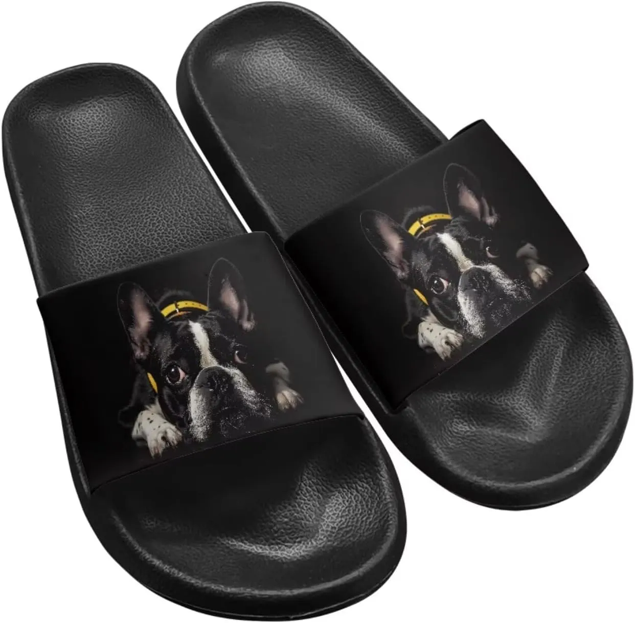Jeiento Open Toe Slide Sandals for Women Men Non Slip Flat Bathroom Shower Shoes Soft Couple Home Shoes Dog Pattern