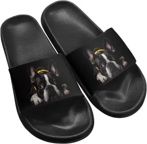 Jeiento Open Toe Slide Sandals for Women Men Non Slip Flat Bathroom Shower Shoes Soft Couple Home Shoes Dog Pattern