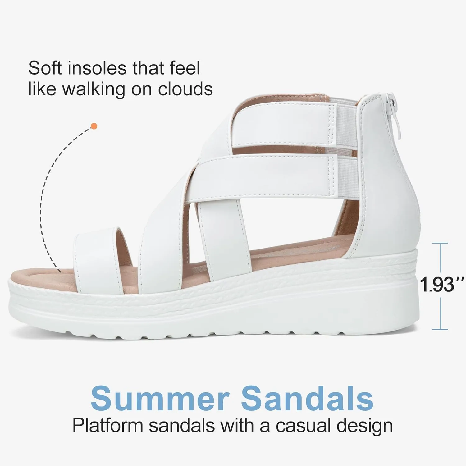 Jeossy Women's Platform Wedge Sandals White Pu Strappy Summer 866 Sandals Dressy with Zipper