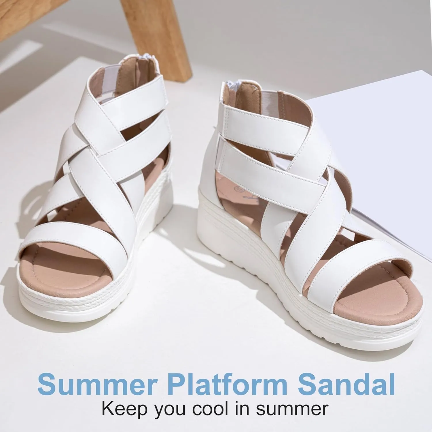Jeossy Women's Platform Wedge Sandals White Pu Strappy Summer 866 Sandals Dressy with Zipper
