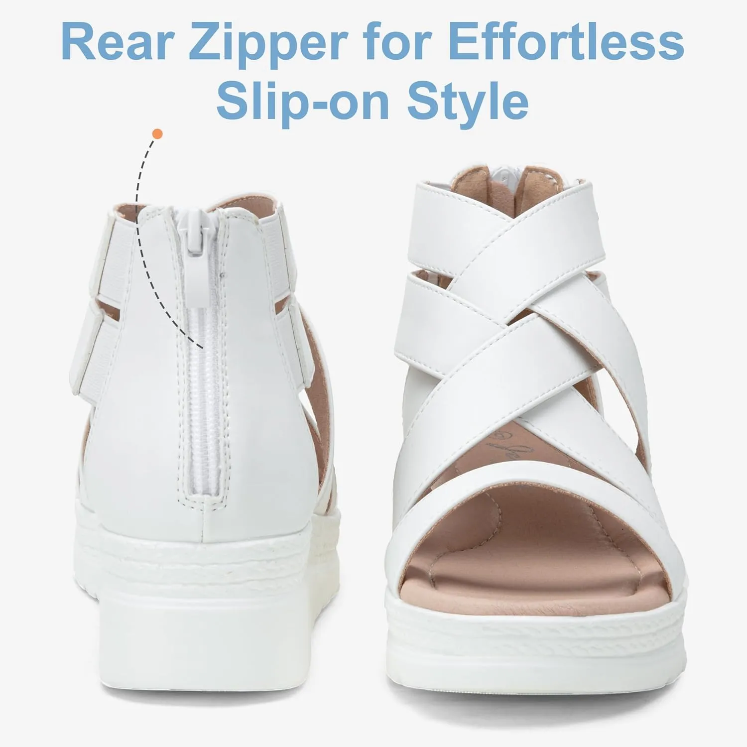 Jeossy Women's Platform Wedge Sandals White Pu Strappy Summer 866 Sandals Dressy with Zipper