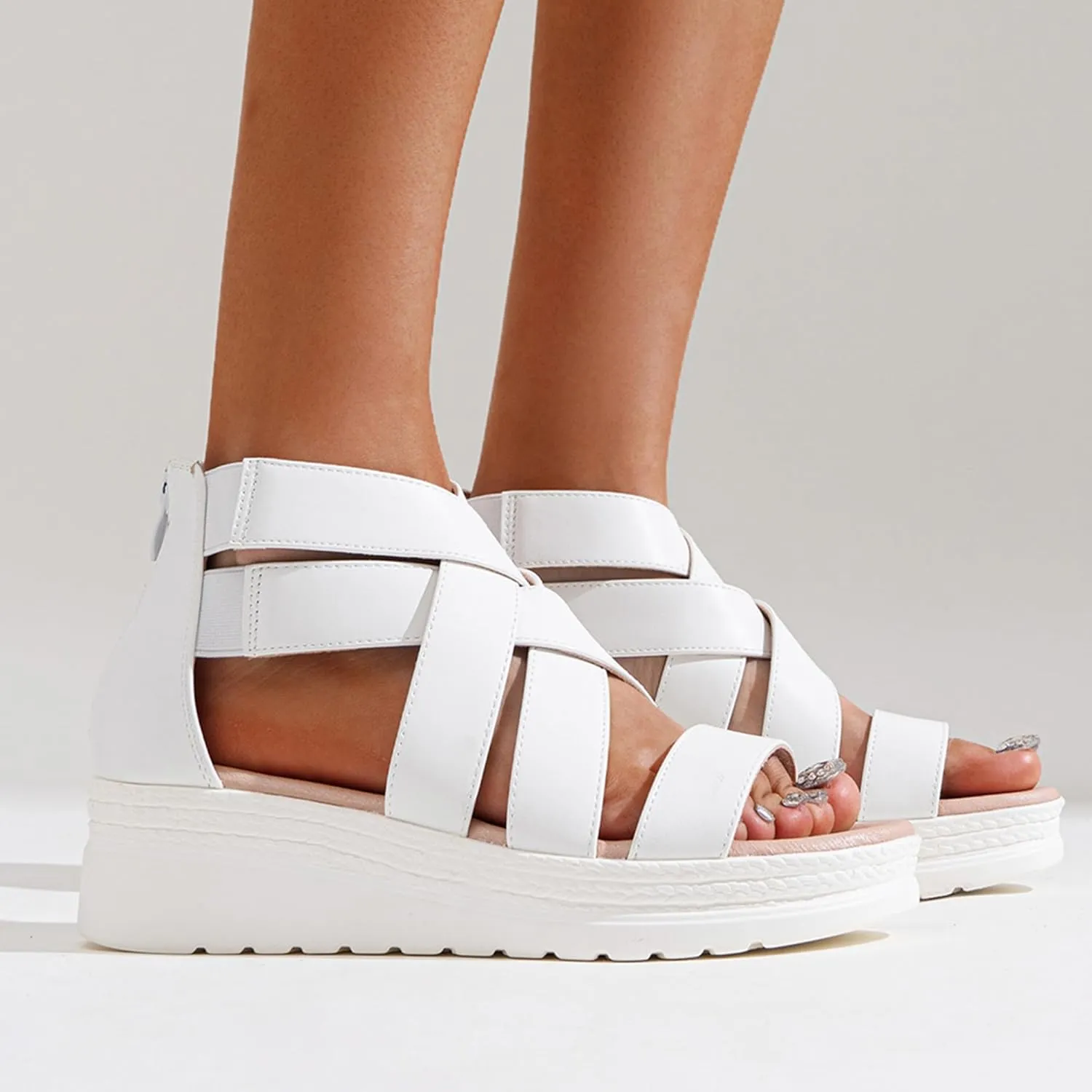 Jeossy Women's Platform Wedge Sandals White Pu Strappy Summer 866 Sandals Dressy with Zipper