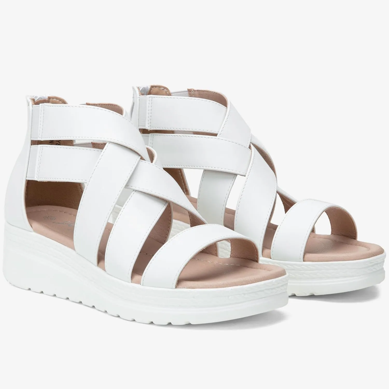 Jeossy Women's Platform Wedge Sandals White Pu Strappy Summer 866 Sandals Dressy with Zipper