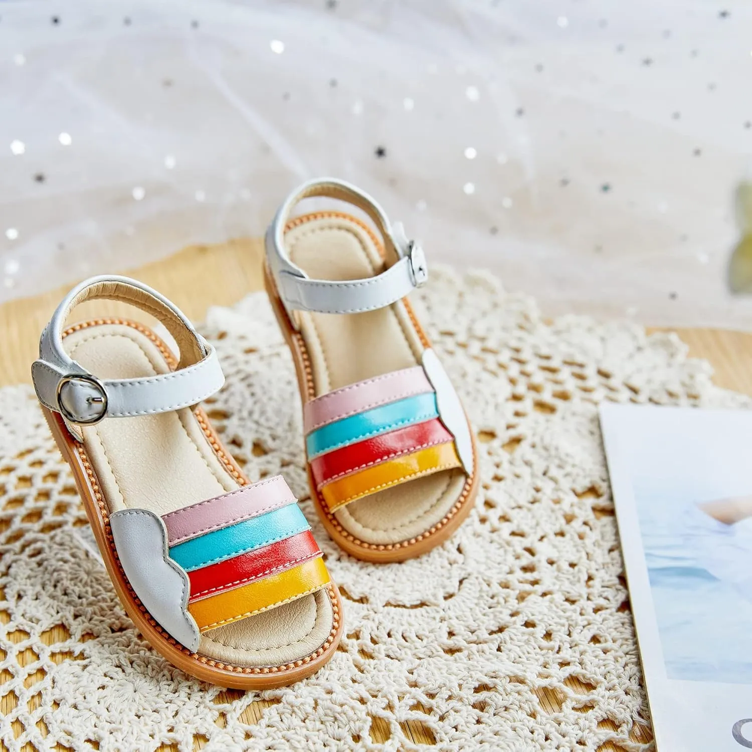 Kiderence Toddler Girls Pink Floral Sandals - Girls' Casual Flat Sandals with Ankle Strap