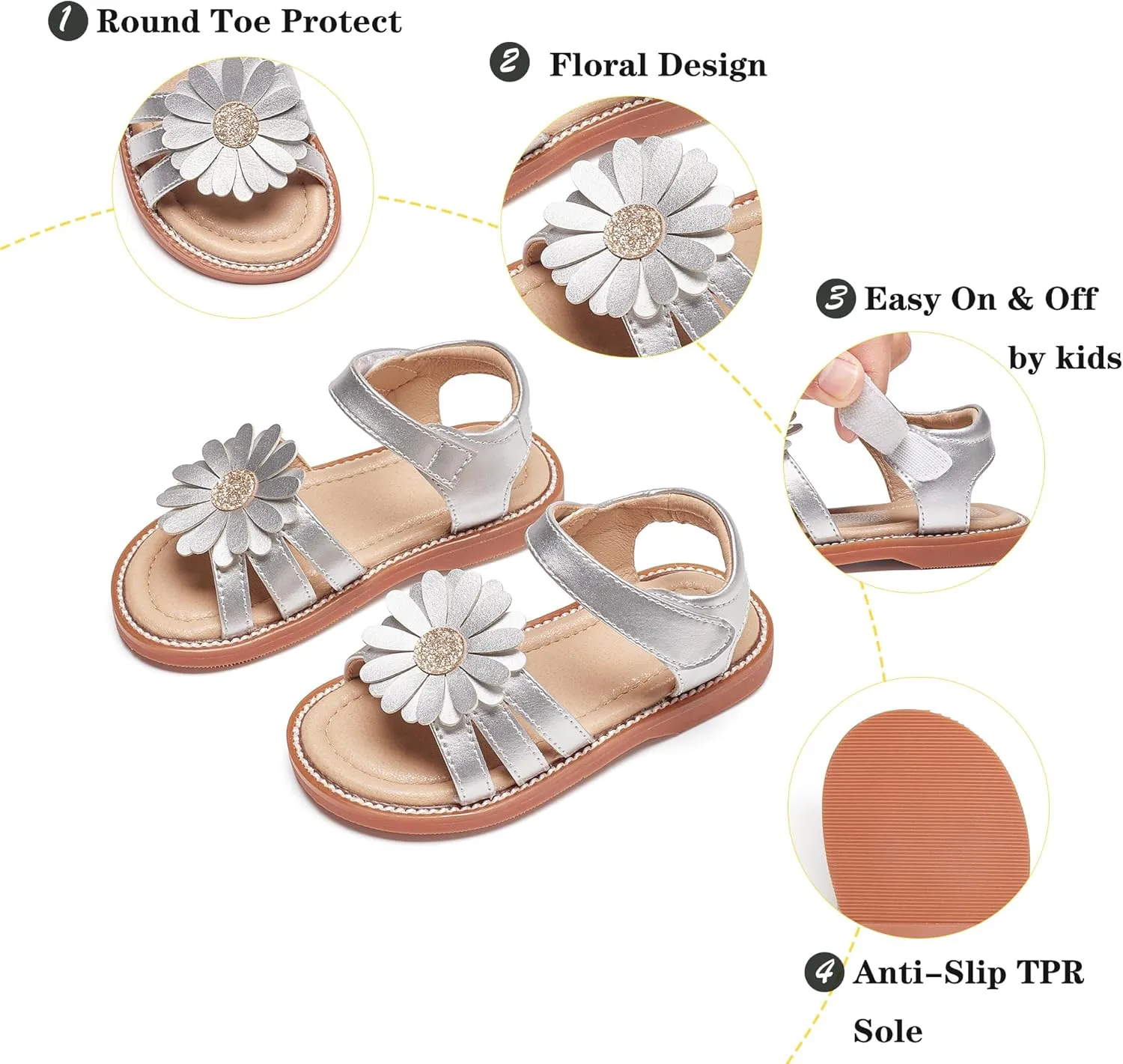 Kiderence Toddler Girls Pink Floral Sandals - Girls' Casual Flat Sandals with Ankle Strap