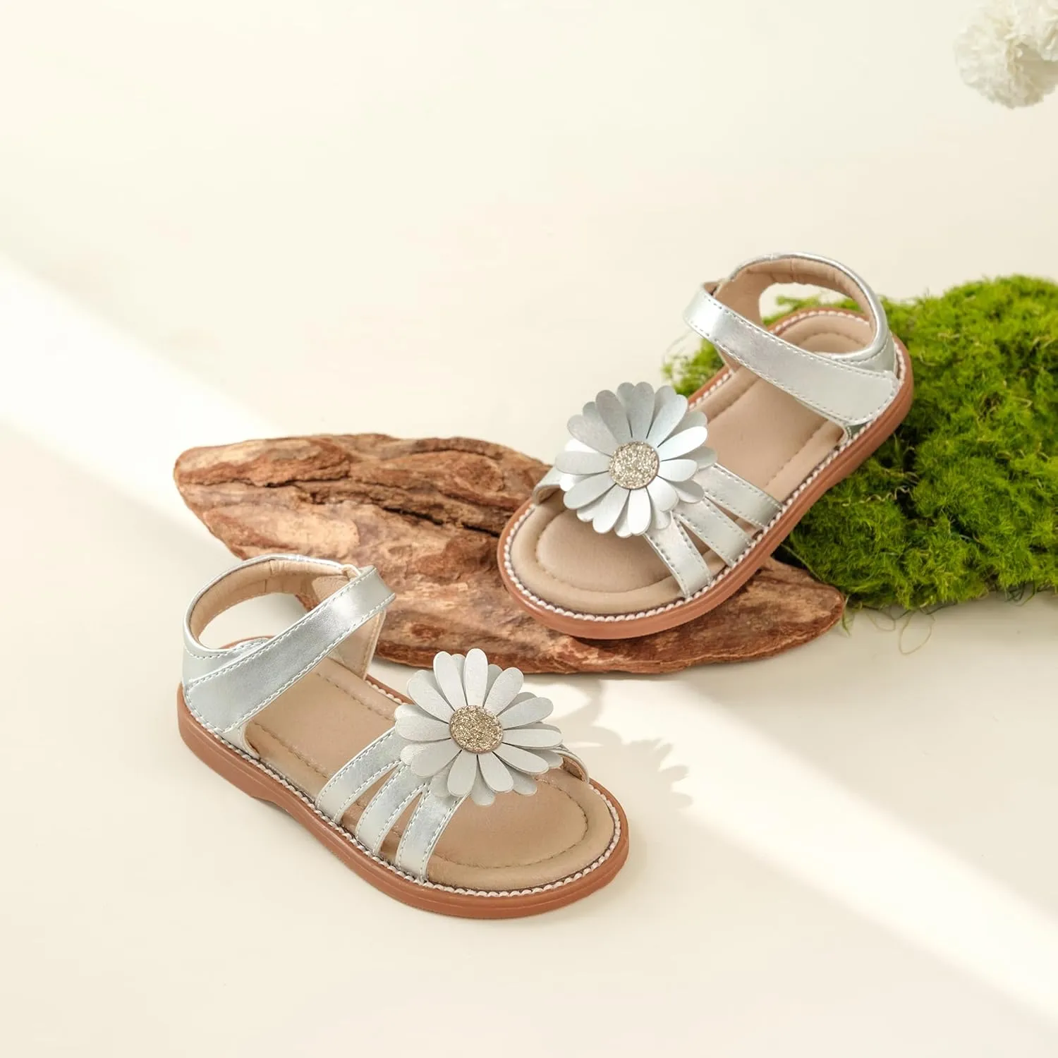 Kiderence Toddler Girls Pink Floral Sandals - Girls' Casual Flat Sandals with Ankle Strap