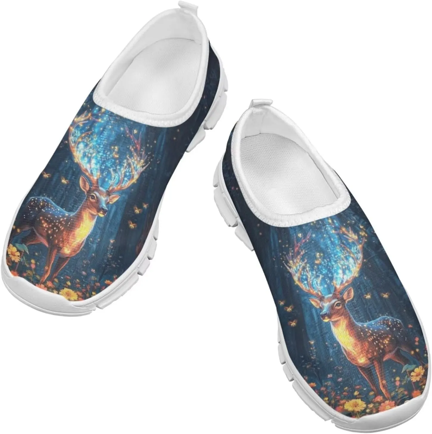 Kids Deer Sneakers Floral Girls Slip On Shoes Size 1.5 Little Kid Blue Gym Shoes Comfort Teen Girls Back to School Tennis Shoes