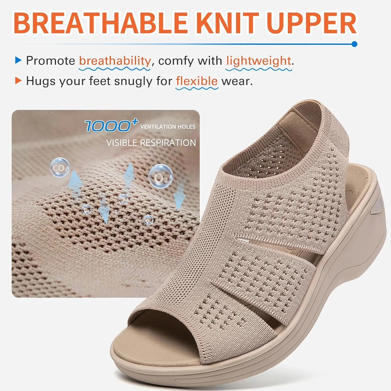 KOIMED Women's Comfortable Platform Walking Sandals With Memory Foam Open Toe Lightweight Breathable Soft Mesh Washable For Summer Travel Casual Beach Outdoor Sport