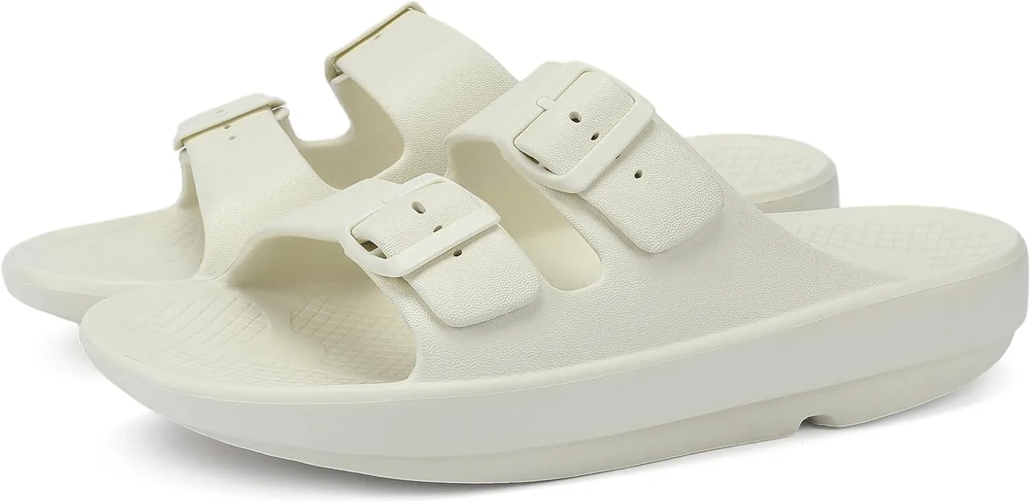 Kricely Women and Men Wide Width Recovery Sandals Plantar Fasciitis Arch Support Orthotic Slides Adjustable Double Buckle Thick Sole Slippers Reduces Stress on Feet Joints & Back Post-Exercise