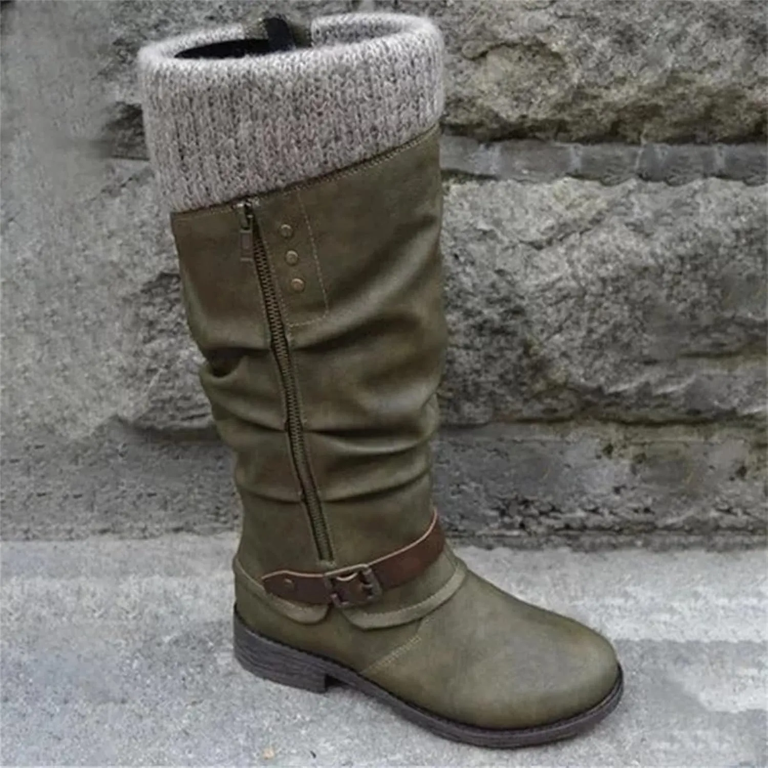 Lausiuoe Boots For Women Low Heel Mid Calf Winter Boots Side Zip Western Platform Hiking Booties Warm Non Slip Outdoor Shoes