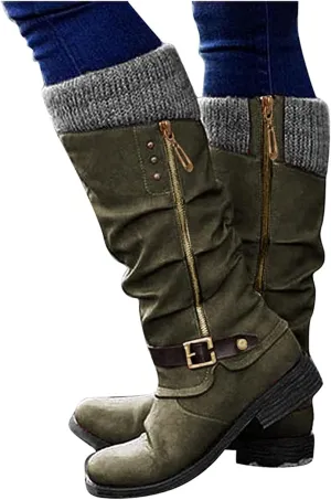 Lausiuoe Boots For Women Low Heel Mid Calf Winter Boots Side Zip Western Platform Hiking Booties Warm Non Slip Outdoor Shoes