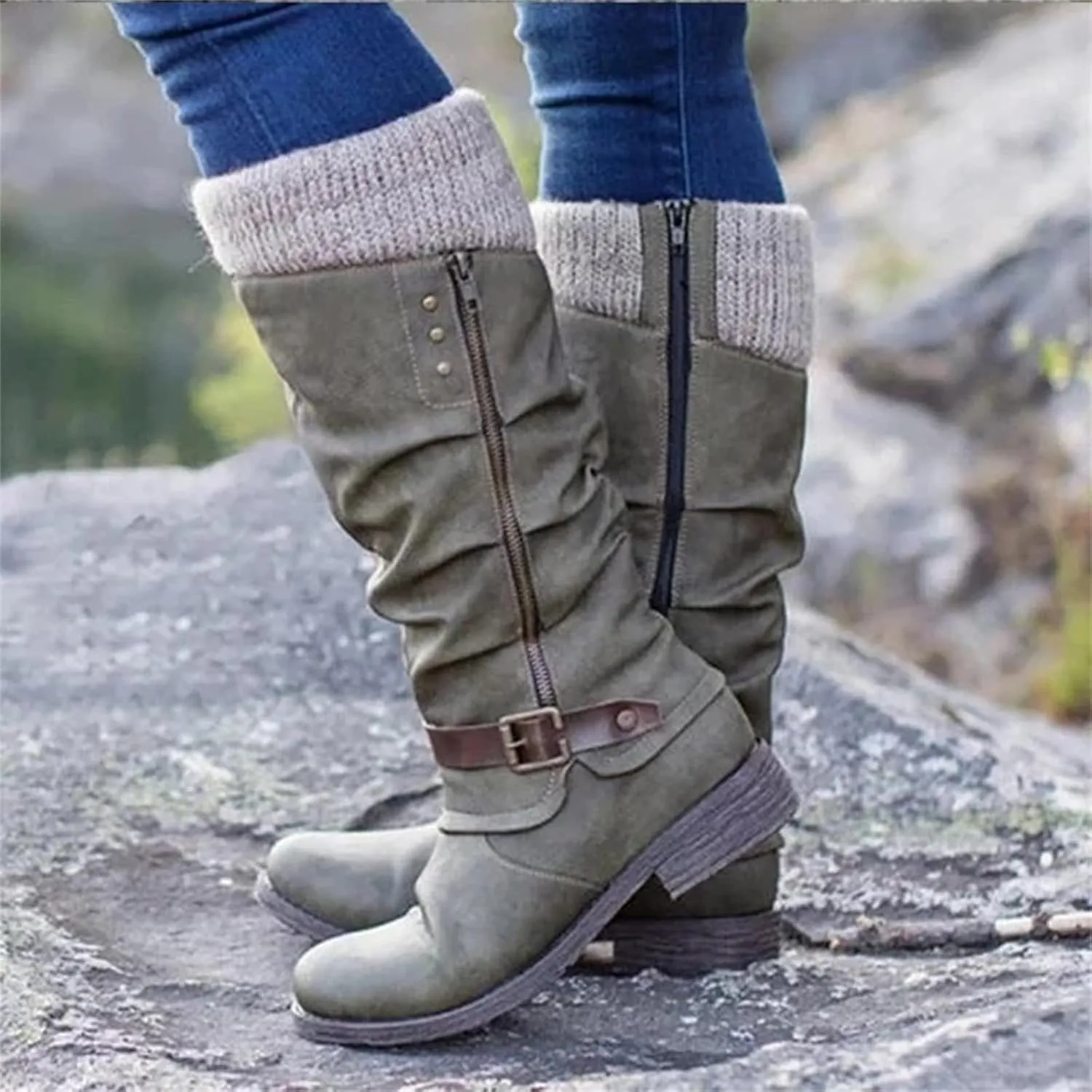 Lausiuoe Boots For Women Low Heel Mid Calf Winter Boots Side Zip Western Platform Hiking Booties Warm Non Slip Outdoor Shoes