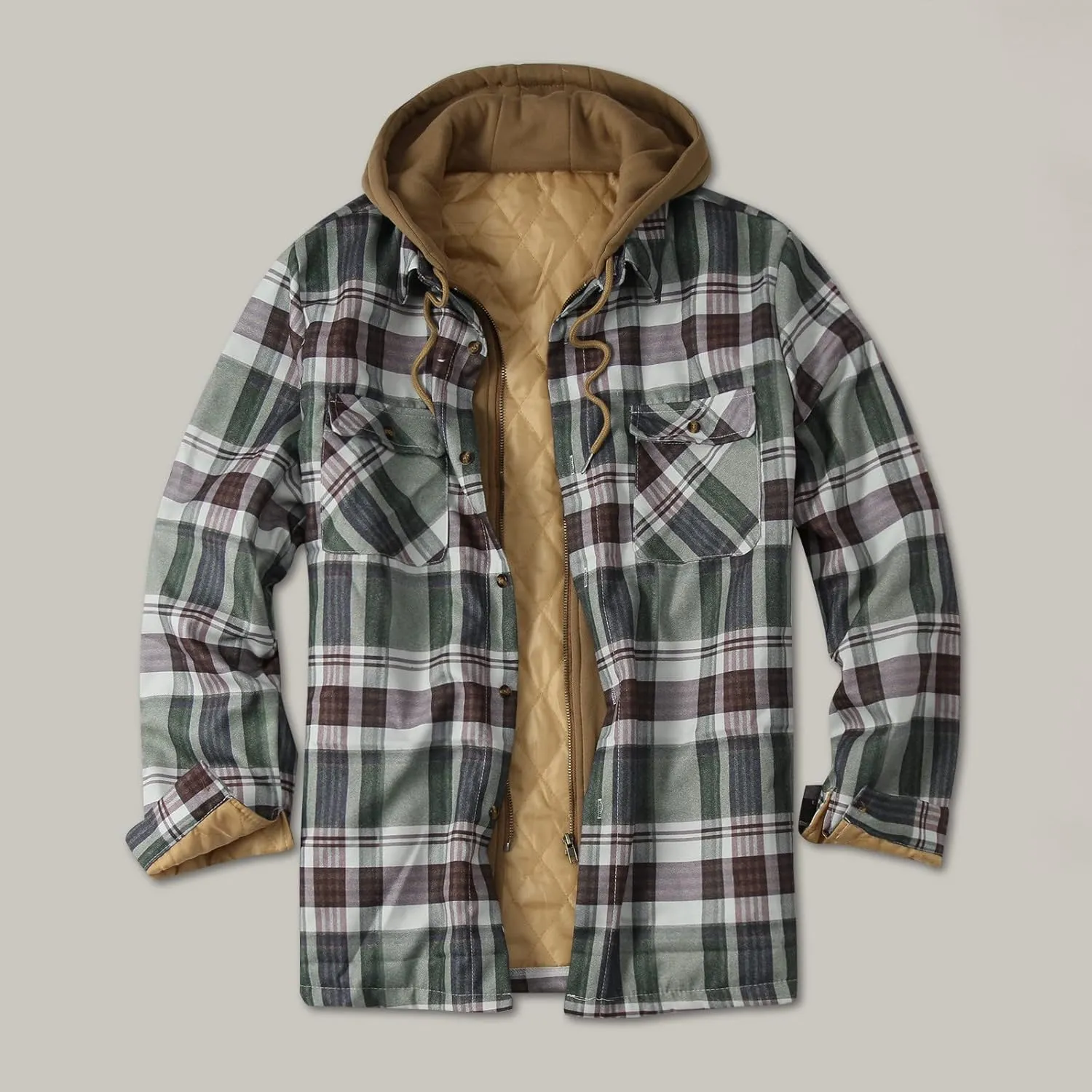 LCMTWX Men's Fleece Lined Flannel Shirt Jacket Hooded Zipper Pocket Long Sleeve Shirt Patchwork Jacket Loose Thickened