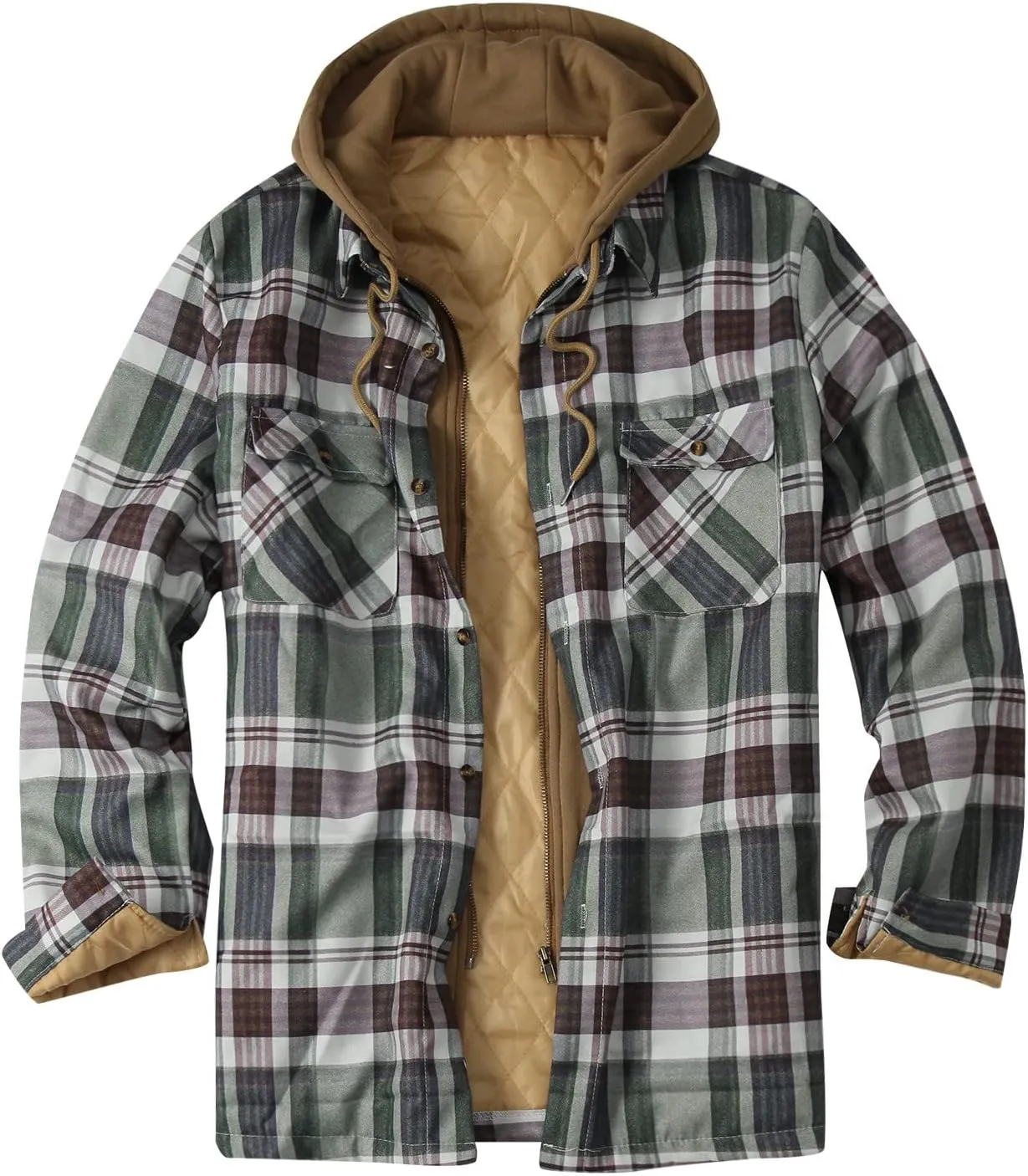 LCMTWX Men's Fleece Lined Flannel Shirt Jacket Hooded Zipper Pocket Long Sleeve Shirt Patchwork Jacket Loose Thickened