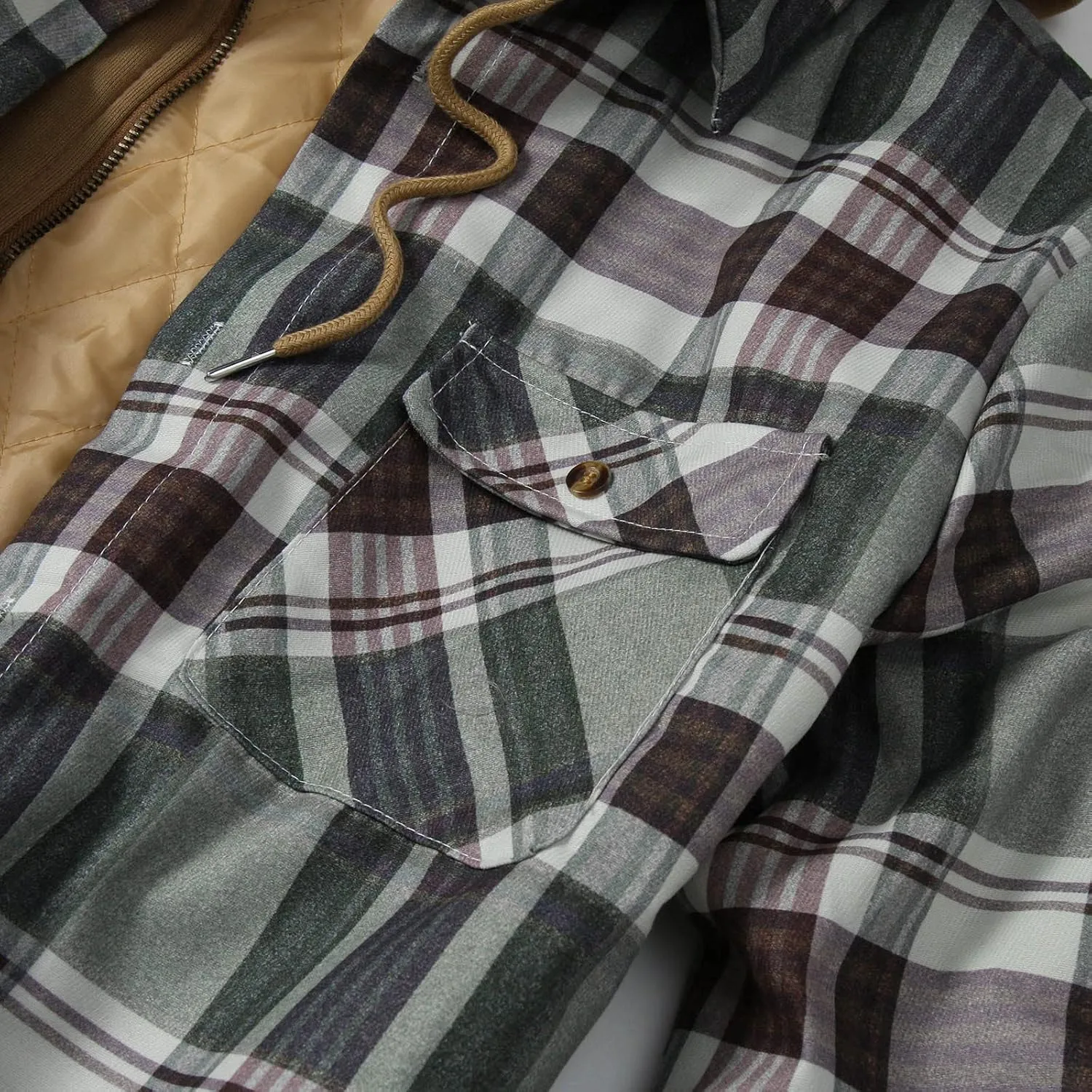LCMTWX Men's Fleece Lined Flannel Shirt Jacket Hooded Zipper Pocket Long Sleeve Shirt Patchwork Jacket Loose Thickened