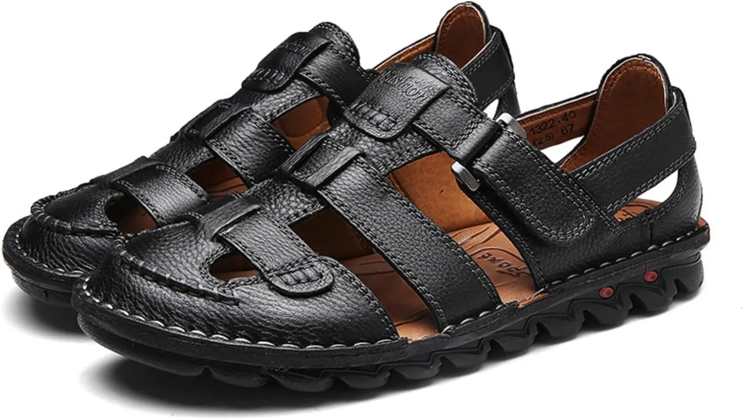 Leather Sandals for Men Closed Toe Hiking Sandals for Men Handmade Driving Shoes Breathable Mens Leather Sandals Pu size 6 -Black