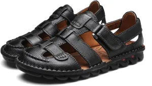Leather Sandals for Men Closed Toe Hiking Sandals for Men Handmade Driving Shoes Breathable Mens Leather Sandals Pu size 6 -Black