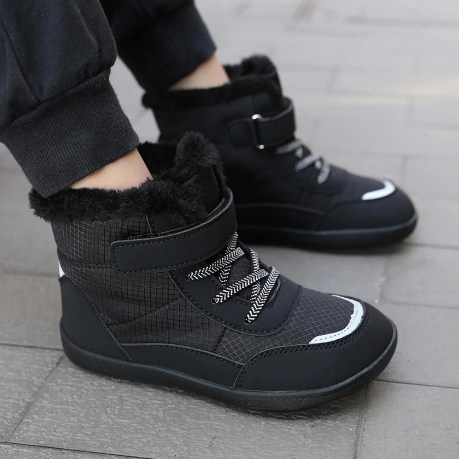 Little Kid Lined Plush Sport Shoes Boys Girls Wide Winter High Top Sneakers Faux F𝐮r Ankle Boots Warm Walking Shoes