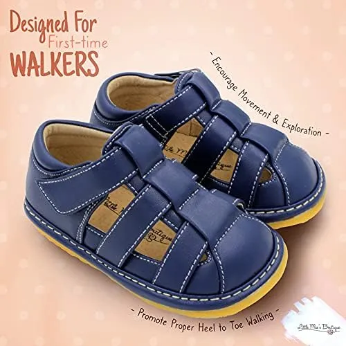 Little Mae's Boutique Closed Toe Squeaky Sandals for Toddler Boys, Ideal Toddler Walking Shoes with Removable Squeaker and Adjustable Velcro Strap - Flexible Sole Baby Shoes
