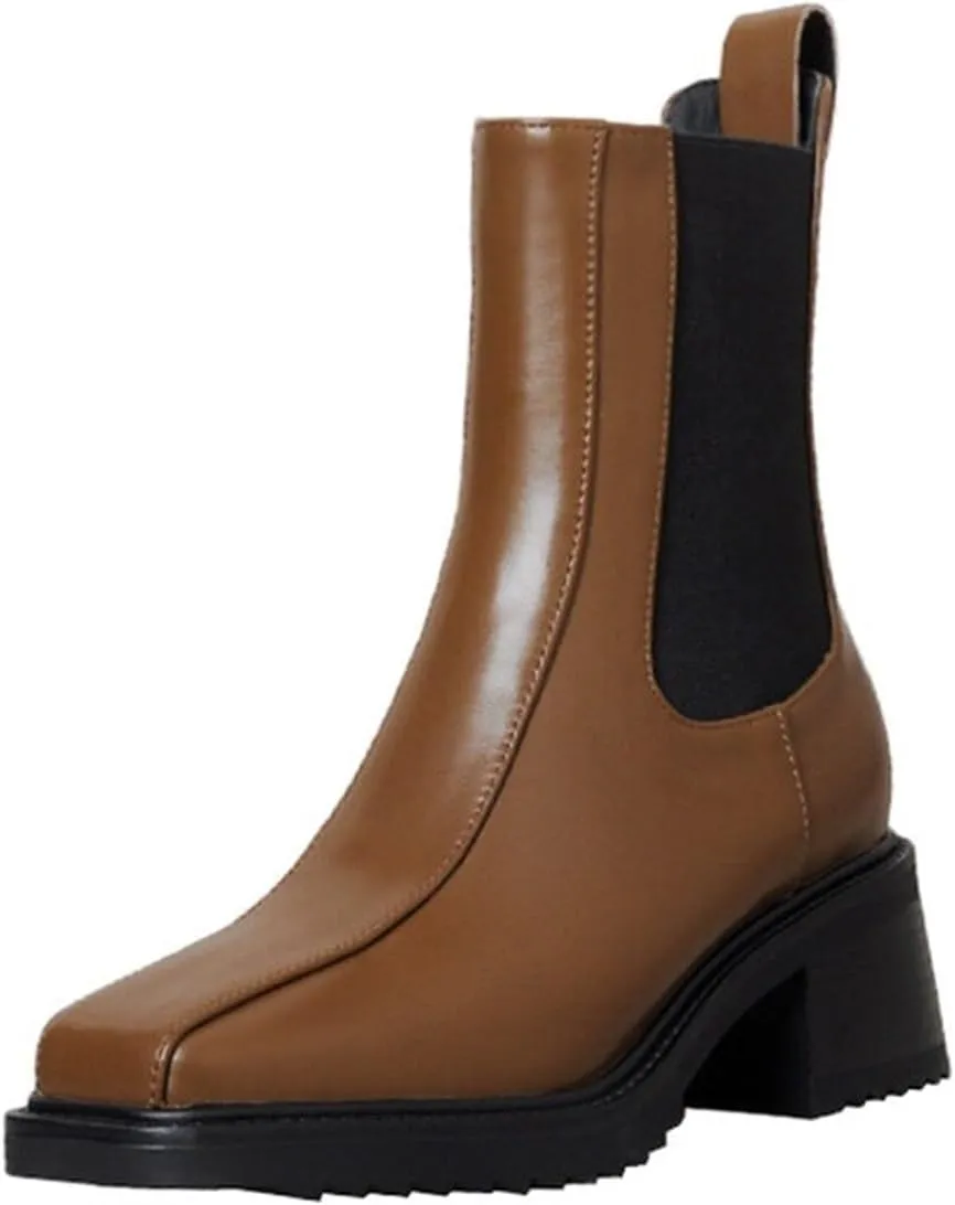 Loafers For Women Autumn Women's Chunky Heel Boots Square Toe Split Leather Short Boots for Fashionable Fall Wear